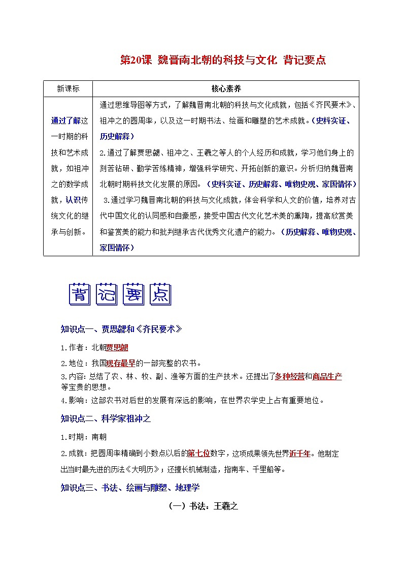 部编版七年级历史上册第20课 魏晋南北朝的科技与文化 课件(含视频)+教案+素材+背记要点清单+同步分层作业含解析卷01