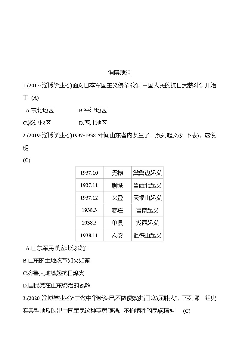 2023年山东省淄博市中考历史(部编版五四学制)一轮复习 第十三单元 中华民族的抗日战争 中考真题(教师版)第1页