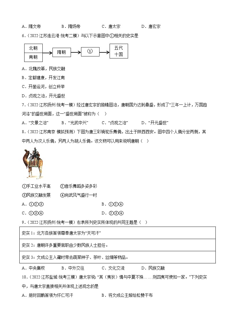 江苏省2023年中考备考历史一轮复习隋唐时期:繁荣与开放的时代 练习题第2页