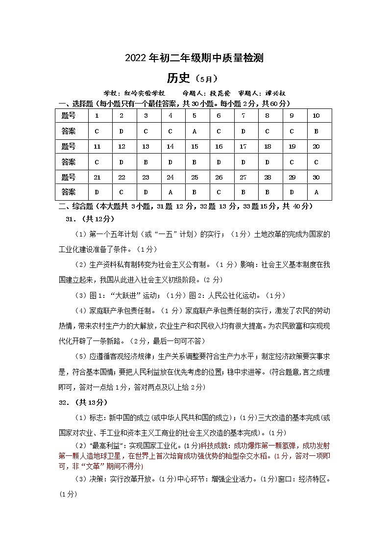 广东省深圳市福田区2021-2022学年八年级下学期期中考试历史答案第1页
