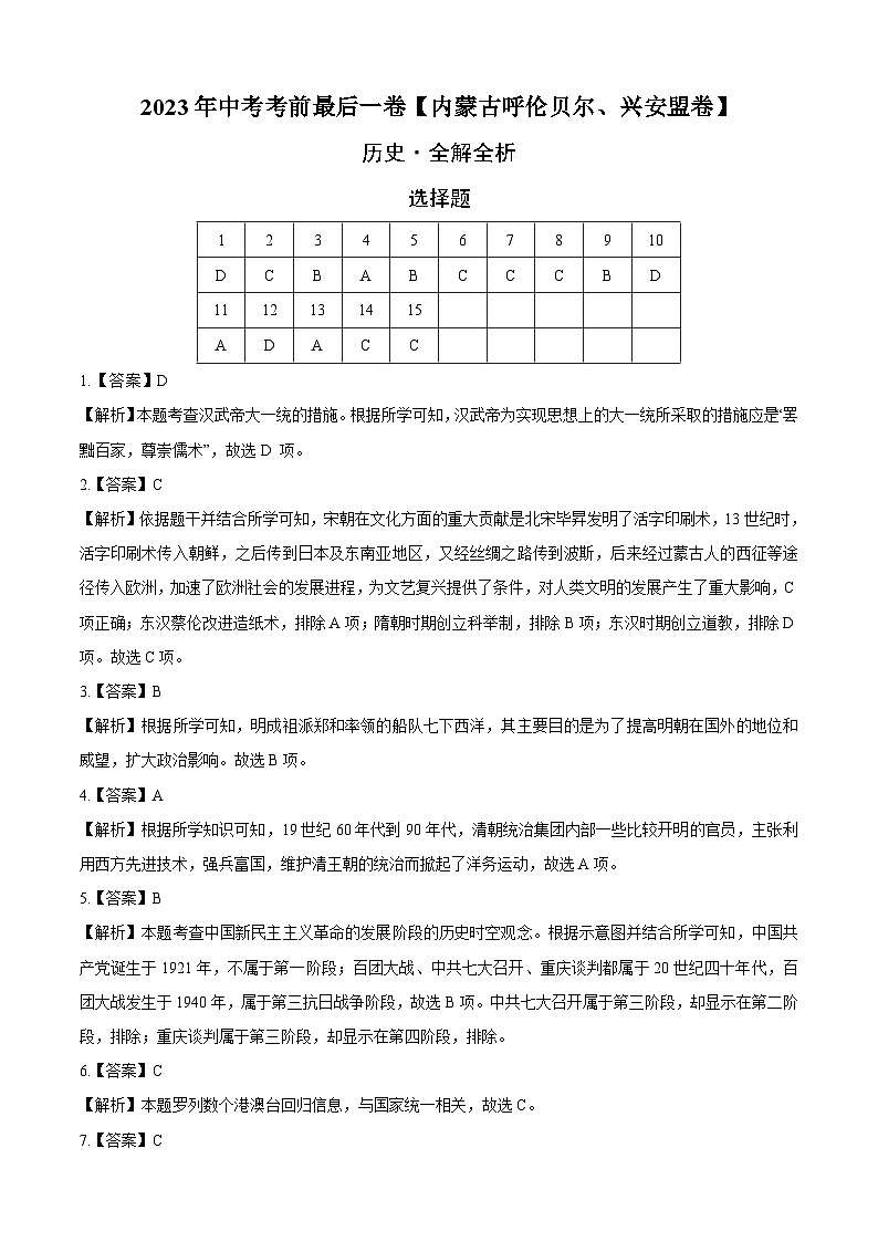 历史(内蒙古呼伦贝尔、兴安盟卷)-【试题猜想】2023年中考考前最后一卷(全解全析)第1页