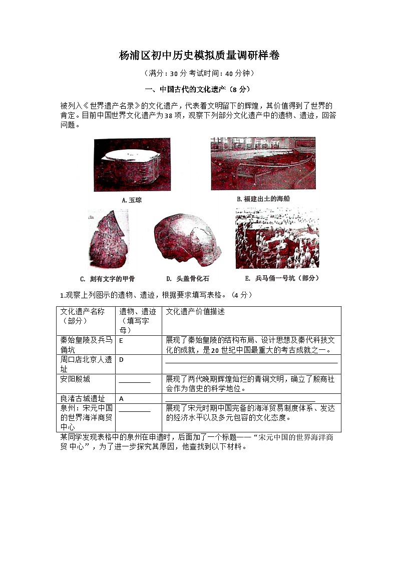 2023年上海市楊浦區(qū)中考二模歷史試卷含答案第1頁(yè)
