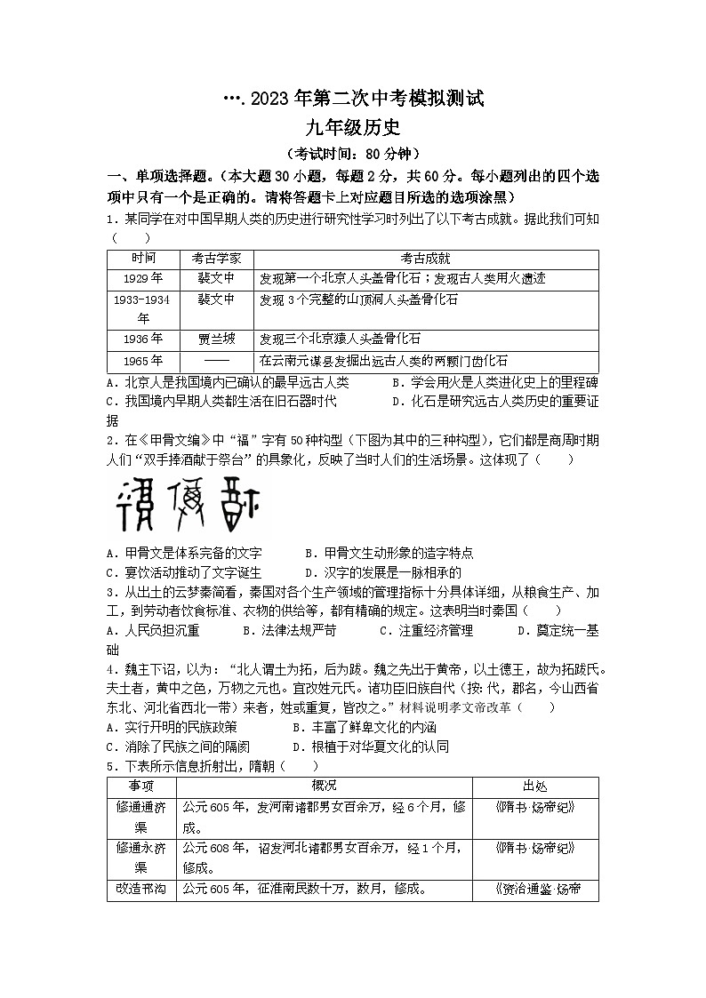 2023年广东省湛江市经济技术开发区中考二模历史试题(无答案)01