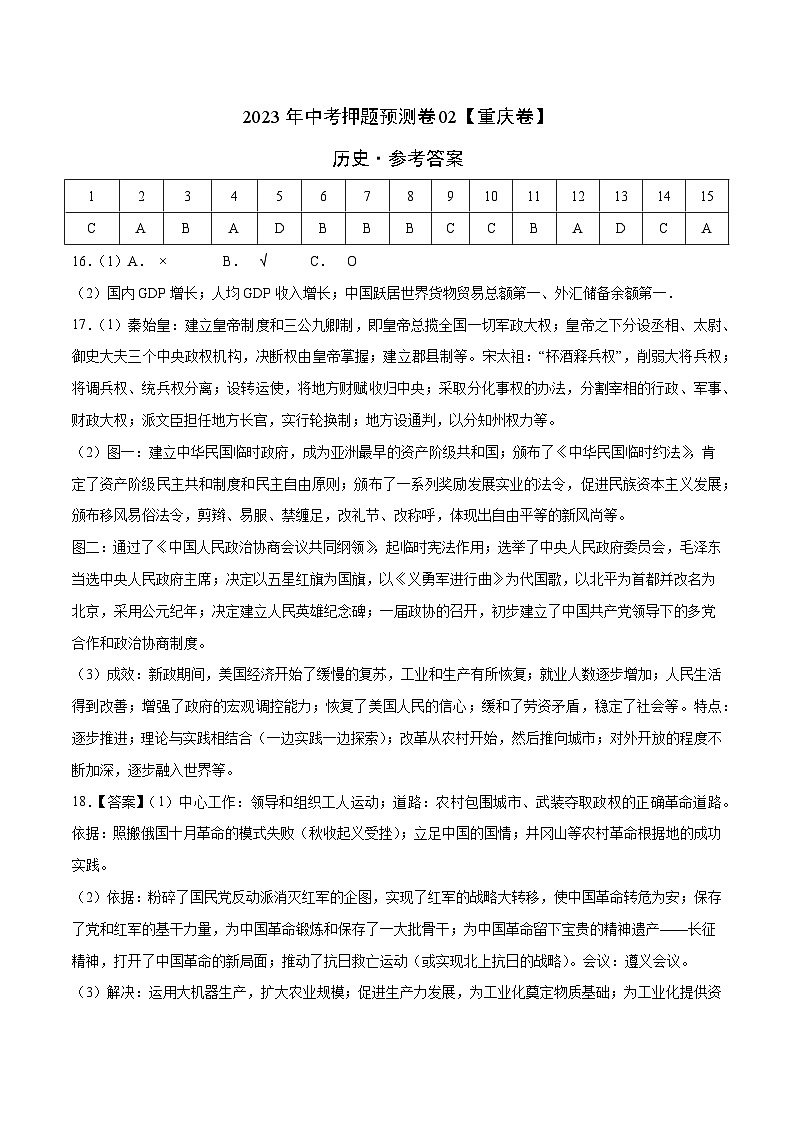 2023年中考历史押题卷02(重庆卷)(参考答案)第1页