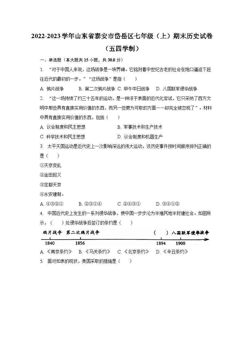 2022-2023学年山东省泰安市岱岳区七年级(上)期末历史试卷(五四学制)(含解析)第1页
