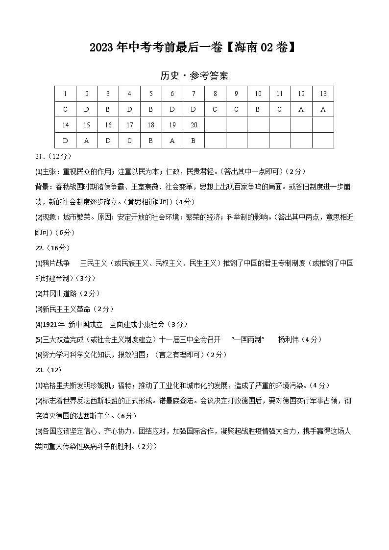 历史-(海南02卷)【试题猜想】2023年中考考前最后一卷(参考答案)第1页