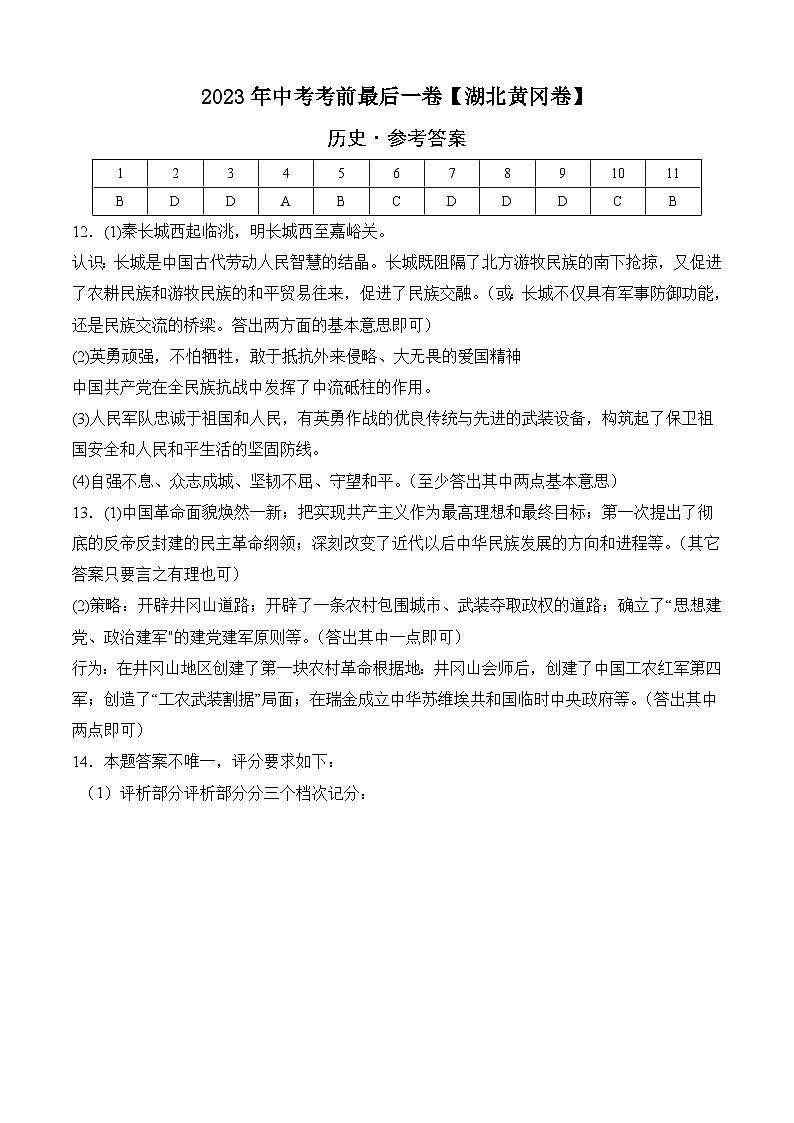历史-(湖北黄冈02卷)【试题猜想】2023年中考考前最后一卷(考试版+答题卡+全解全析+参考答案)01