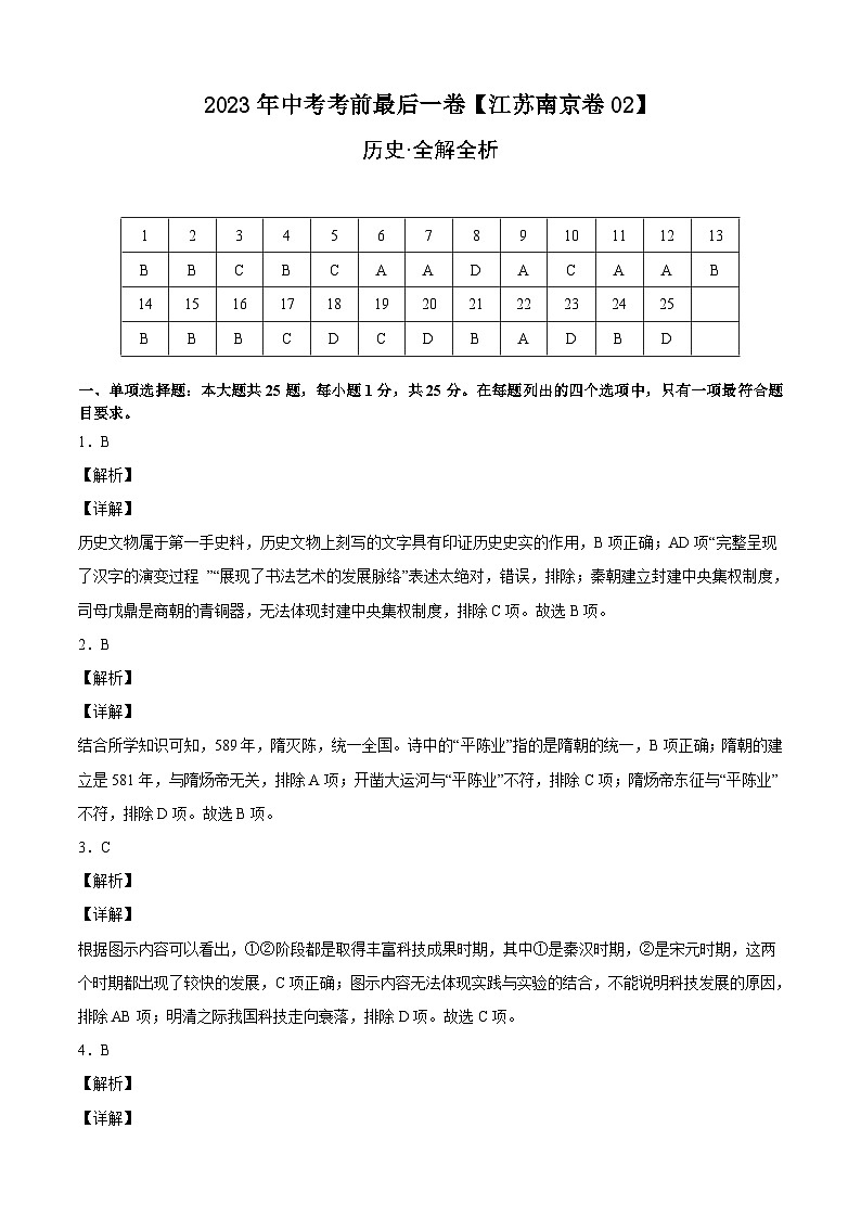 历史-(江苏南京02卷)【试题猜想】2023年中考考前最后一卷(全解全析)第1页