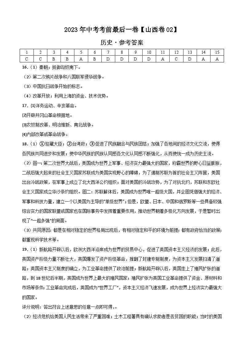 历史-(山西02卷)【试题猜想】2023年中考考前最后一卷(参考答案)第1页
