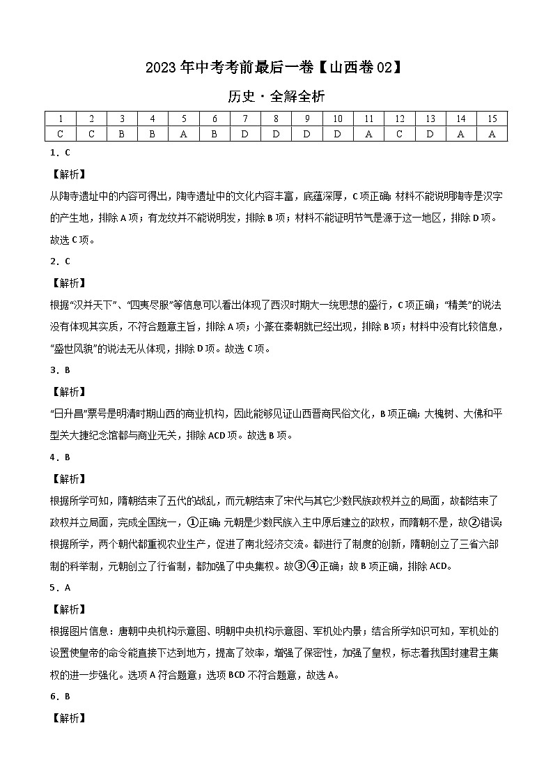 历史-(山西02卷)【试题猜想】2023年中考考前最后一卷(全解全析)第1页