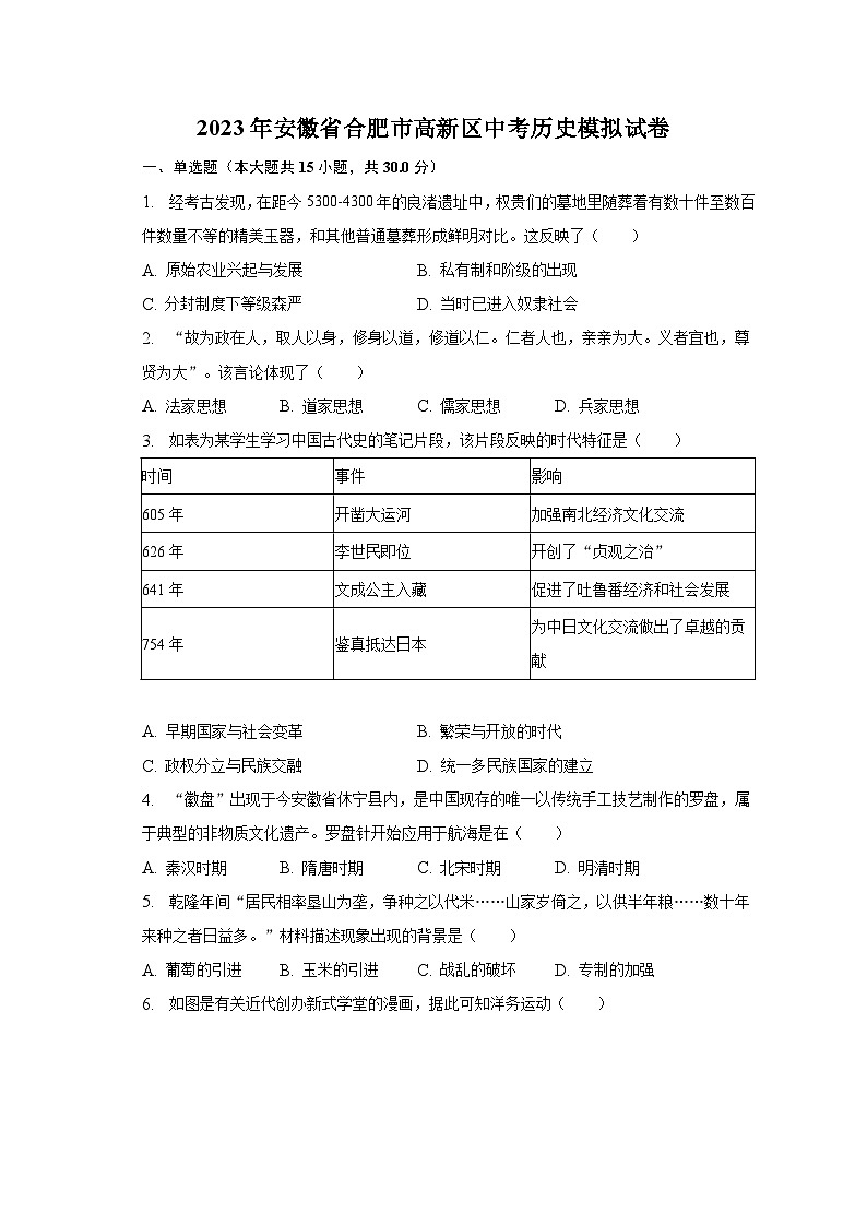 2023年安徽省合肥市高新区中考历史模拟试卷(含解析)第1页