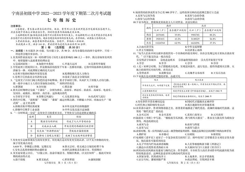 四川省凉山州宁南县初级中学2022-2023学年七年级下学期第二次月考历史试题01