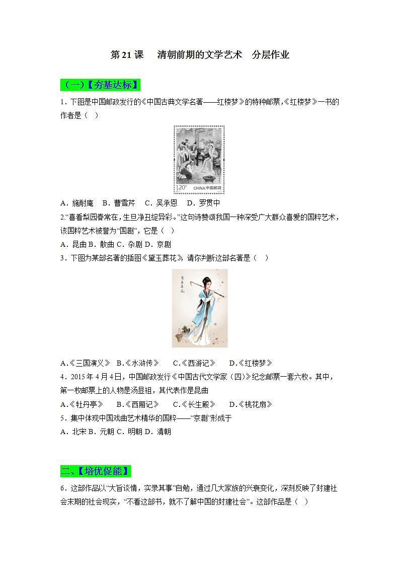 第21课 清朝前期的文学艺术 同步分层作业含解析卷第1页