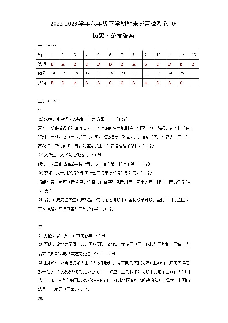 【期末模拟检测】2022-2023学年部编版初中历史八年级下册期末拔高检测卷04(含考试版、全解全析、参考答案)01
