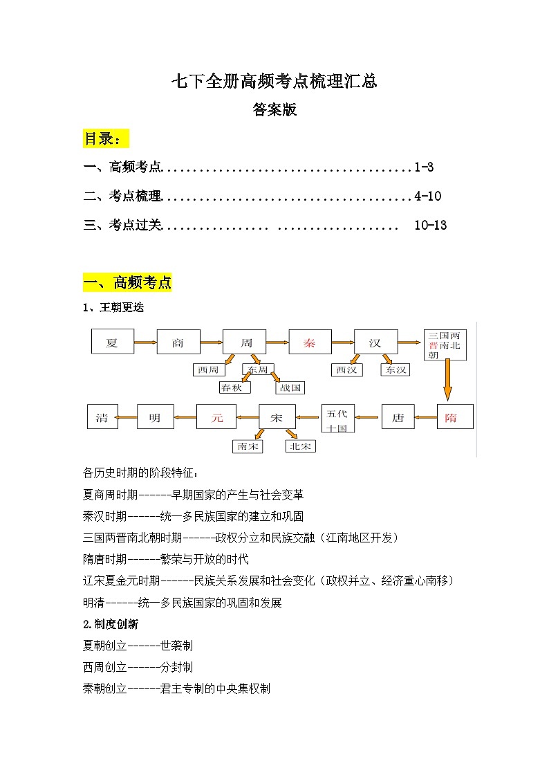 【期末划重点】部编版历史七年级下册 全册高频考点梳理汇总(教师版+答案版)01