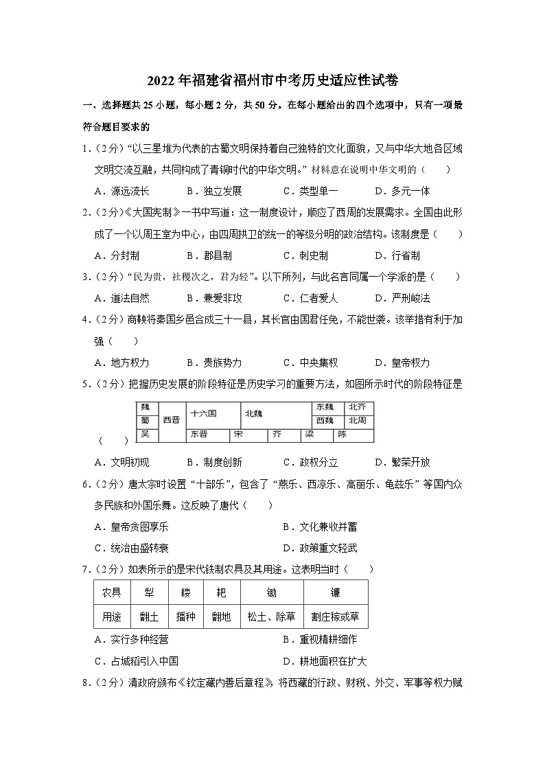 2022年福建省福州市中考历史适应性试卷第1页