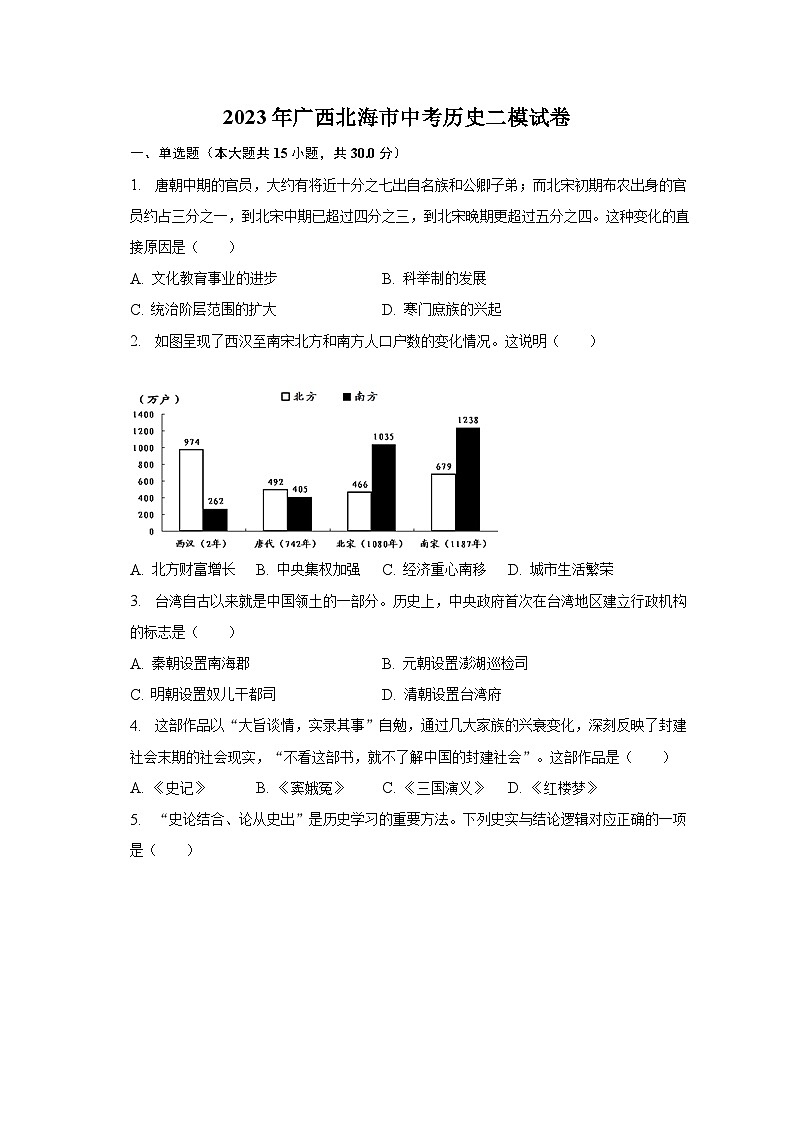 2023年广西北海市中考历史二模试卷(含解析)01