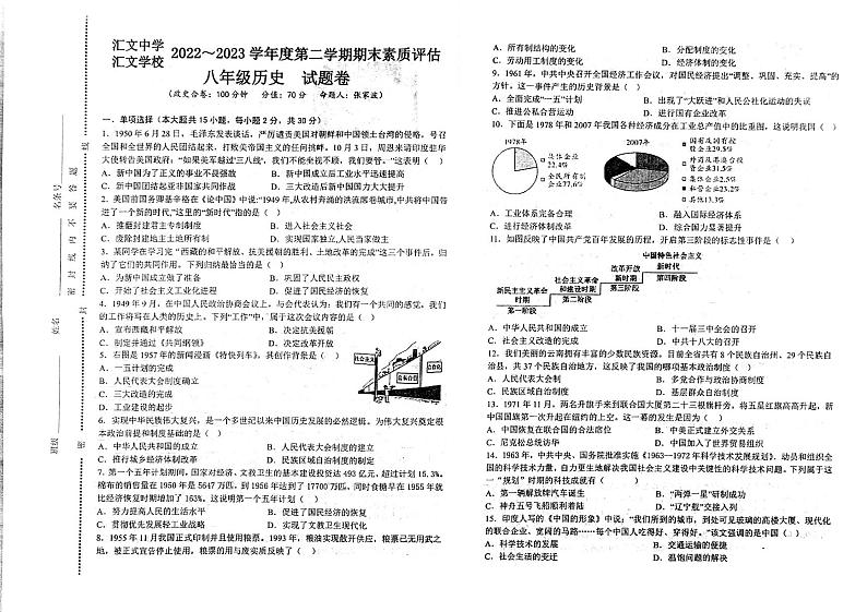 安徽省六安市金安区汇文中学2022-2023学年部编版八年级下学期6月期末历史试题第1页