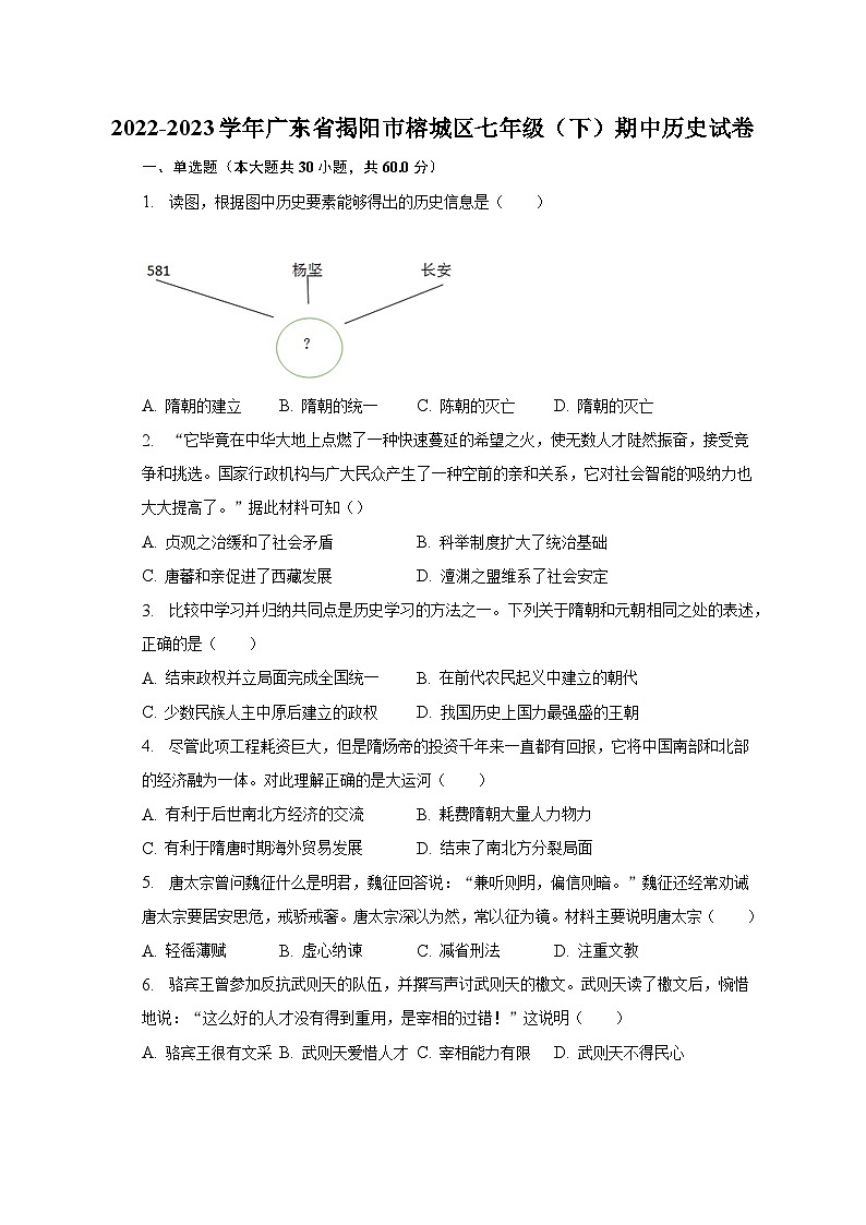 2022-2023学年广东省揭阳市榕城区七年级(下)期中历史试卷(含解析)01