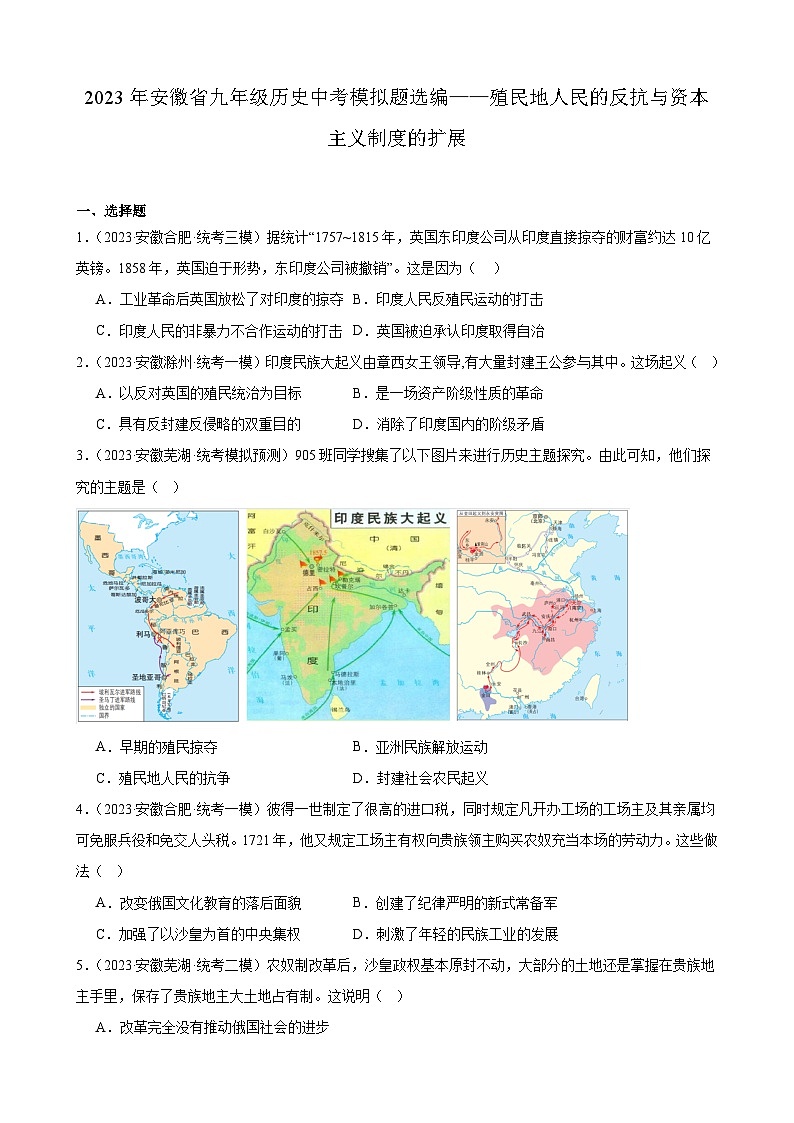 2023年安徽省九年级历史中考模拟题选编——殖民地人民的反抗与资本主义制度的扩展01
