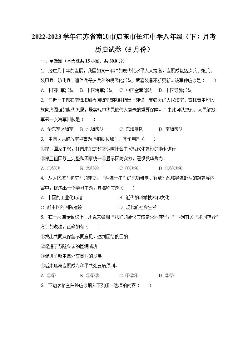 2022-2023学年江苏省南通市启东市长江中学八年级（下）月考历史试卷（5月份）（含解析）01