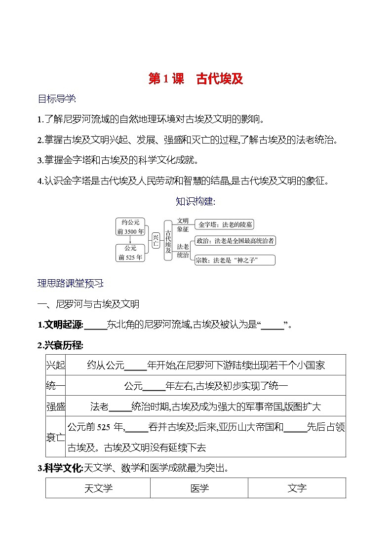 2023-2024 部编版初中历史 九年级上册 第一单元 第1课 古代埃及 同步练习(学生版)第1页