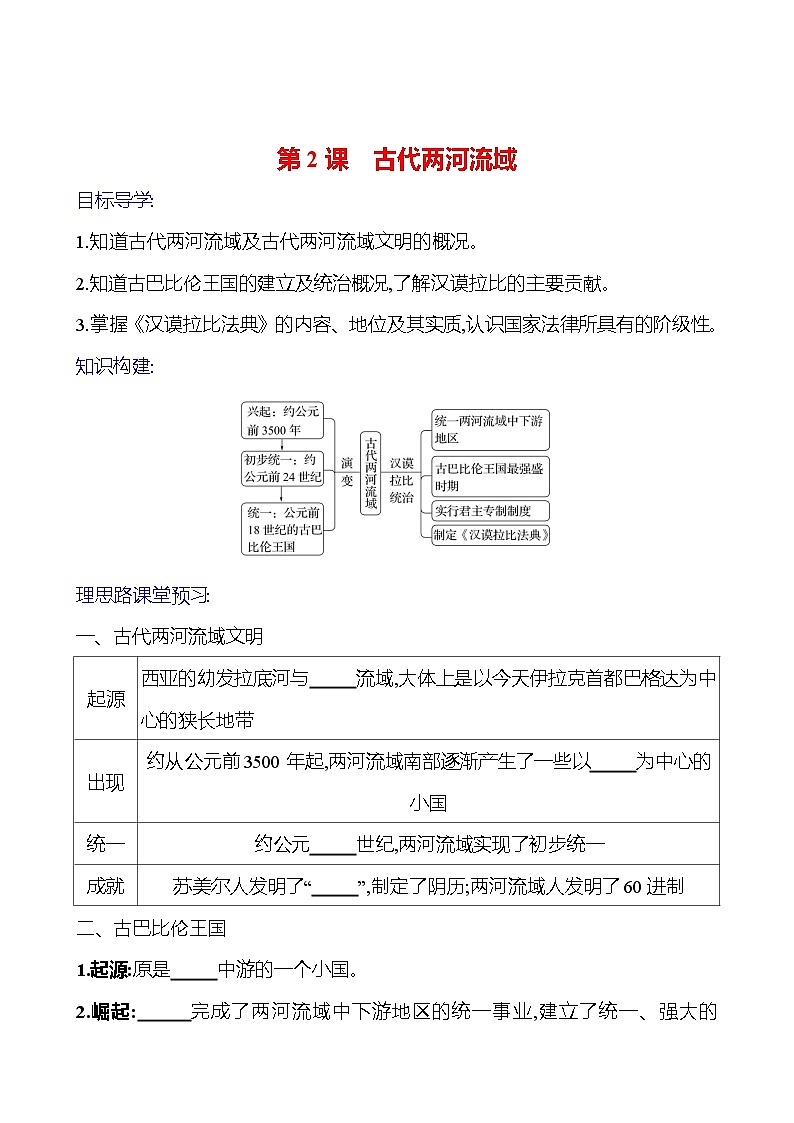 2023-2024 部编版初中历史 九年级上册 第一单元 第2课 古代两河流域 同步练习01