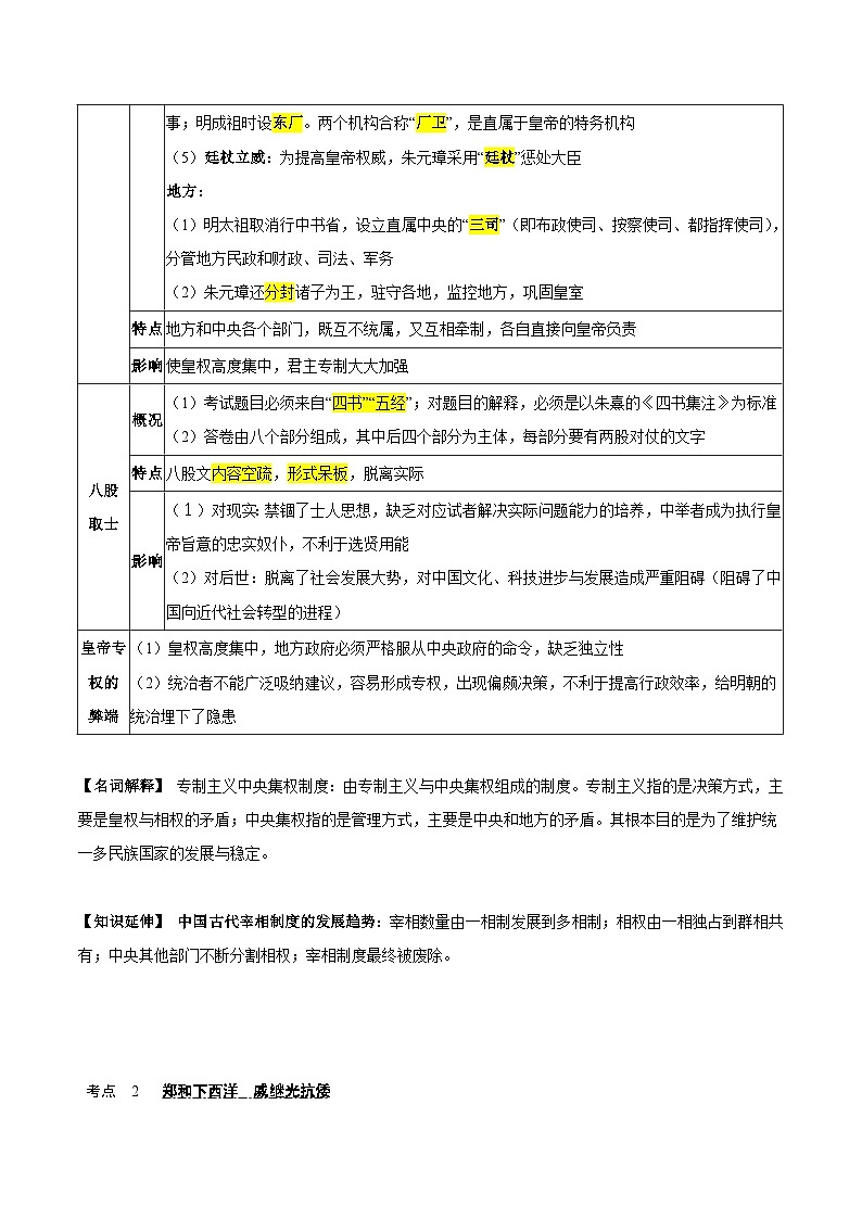 中考历史一轮复习考点复习主题07明清时期:统一多民族国家的巩固与发展(知识点归纳)03