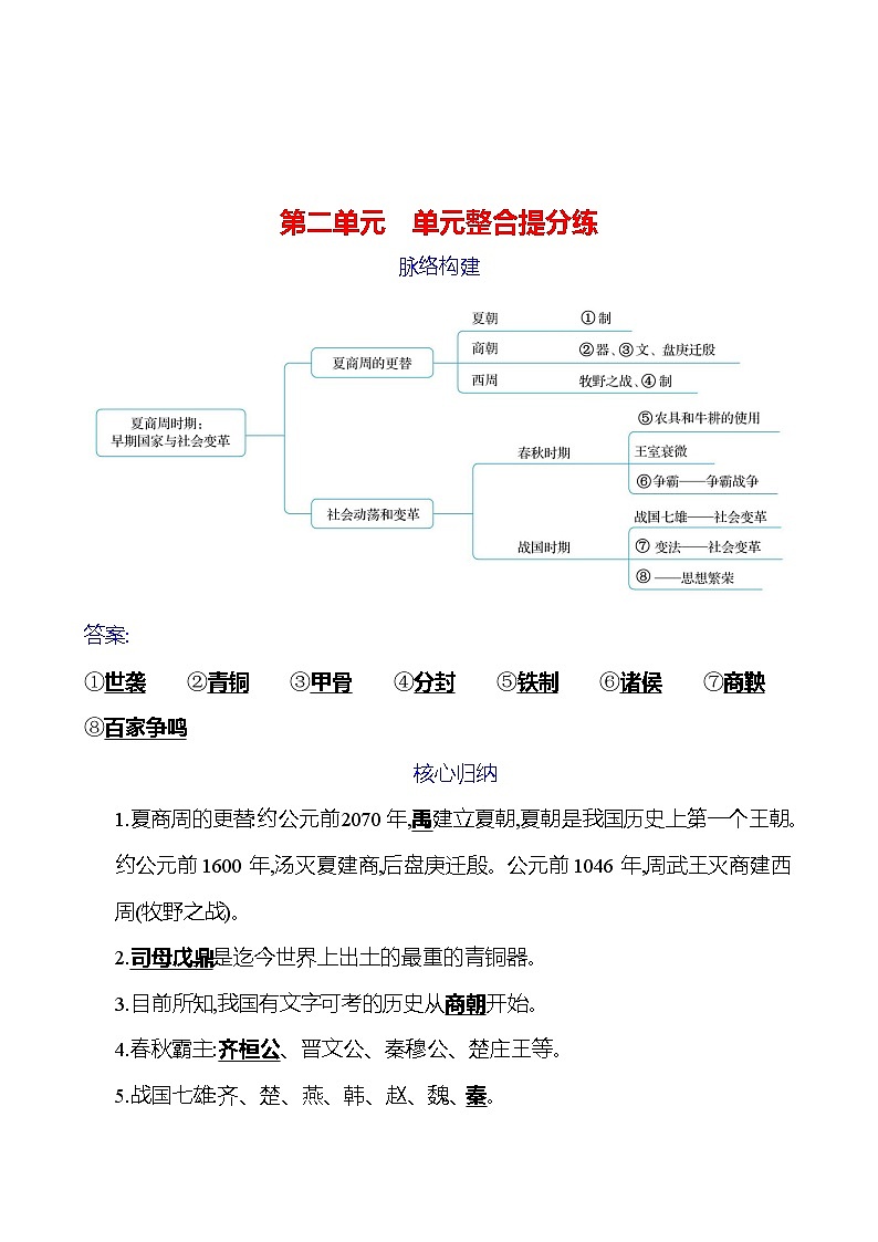 第二单元 单元整合提分练 同步练习(教师版)2023-2024 部编版初中历史七年级上册(湖北专版)第1页