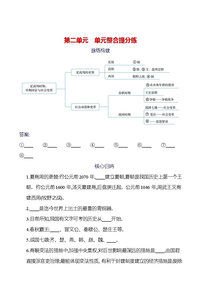 第二单元 单元整合提分练 同步练习(学生版)2023-2024 部编版初中历史七年级上册(湖北专版)第1页