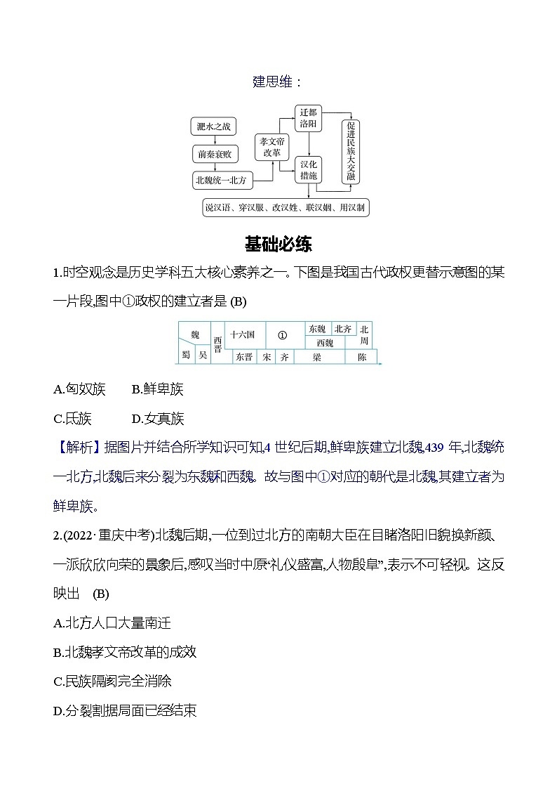 第四单元 第19课 北魏政治和北方民族大交融 同步练习(教师版)2023-2024 部编版初中历史七年级上册(湖北专版)第2页