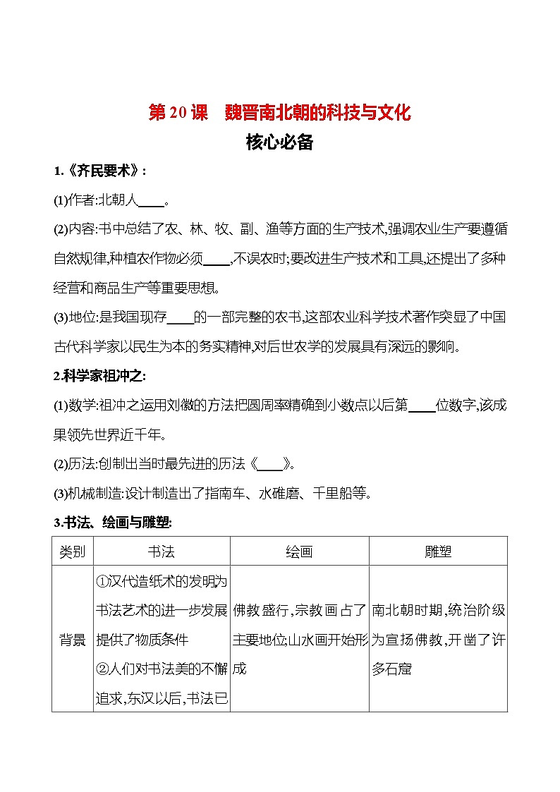 第四单元 第二十课 魏晋南北朝的科技与文化 同步练习2023-2024 部编版初中历史七年级上册(湖北专版)01