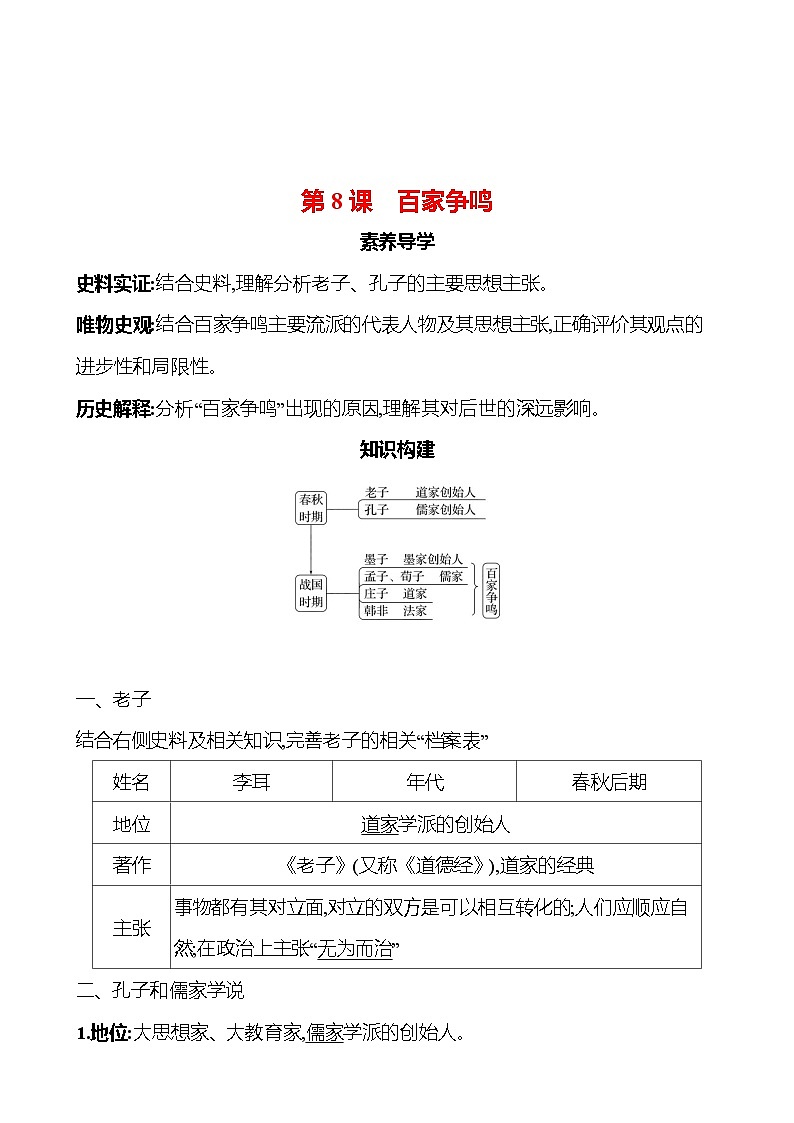 第二单元 第八课 百家争鸣导学案2023-2024 部编版初中历史七年级上册01