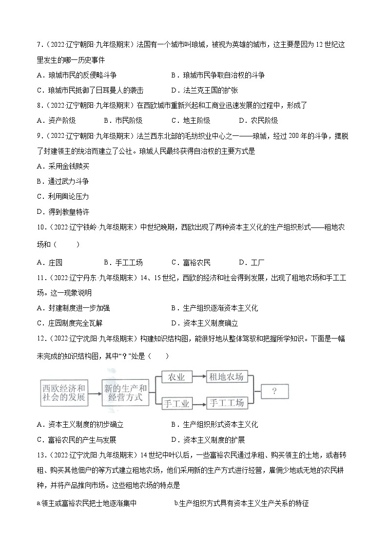 第13課 西歐經(jīng)濟(jì)和社會(huì)的發(fā)展 期末試題分類選編--2022-2023學(xué)年上學(xué)期遼寧省各地九年級(jí)歷史（含解析)第2頁(yè)