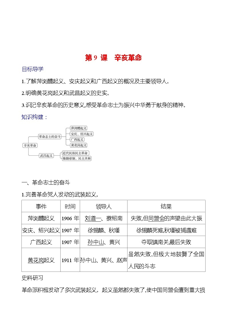 第三单元　第九课　辛亥革命 导学案2023-2024 部编版初中历史八年级上册01