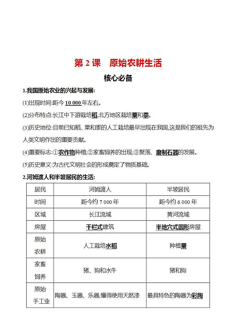 第一單元　第2課　原始農耕生活 同步練習（教師版）2023-2024 部編版初中歷史七年級上冊（湖北專版）第1頁