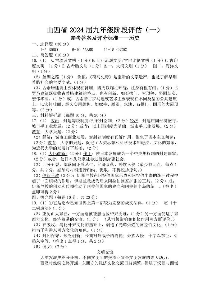 山西省长治市多校联考2023-2024学年九年级上学期9月月考历史试题(Word版含答案)01