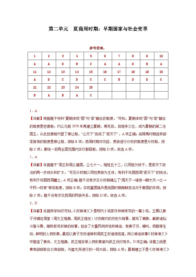【期中单元复习卷】(部编版)2023-2024学年七年级历史上册 第二单元 夏商周时期:早期国家与社会变革 综合测试卷(答案版)第1页