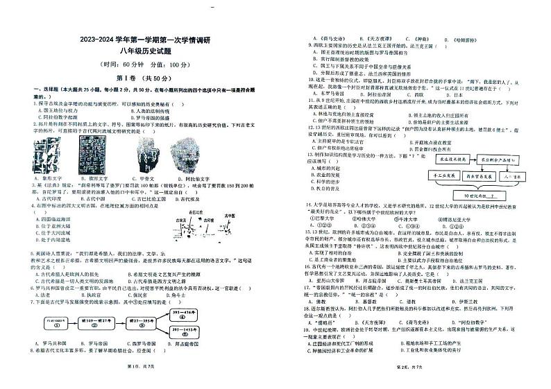山东省广饶县实验中学(五四学制)2023-2024学年八年级上学期第一次月考历史试卷第1页