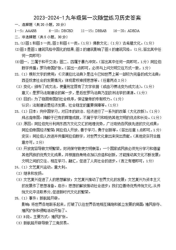 河南省郑州东枫外国语学校2023-2024学年九年级上学期10月历史练习01