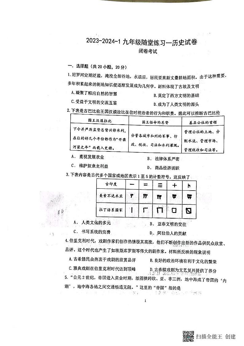 河南省郑州东枫外国语学校2023-2024学年九年级上学期10月历史练习01