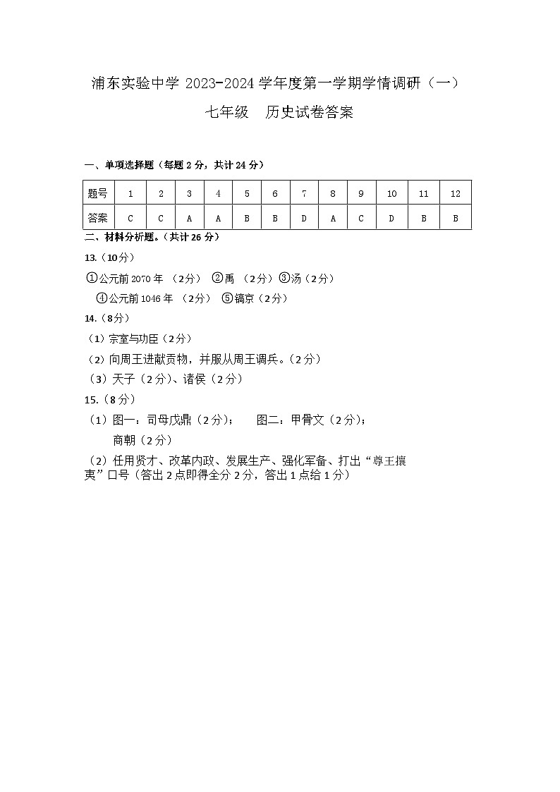 江苏省淮安市浦东实验中学2023-2024学年七年级上学期学情调研(一)历史试卷(月考)01