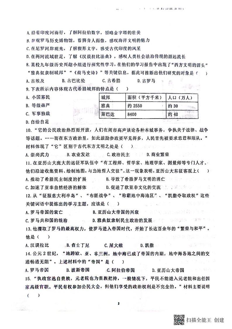 山东省聊城市高唐县第一实验中学2023-2024学年九年级上学期10月月考历史试题第2页