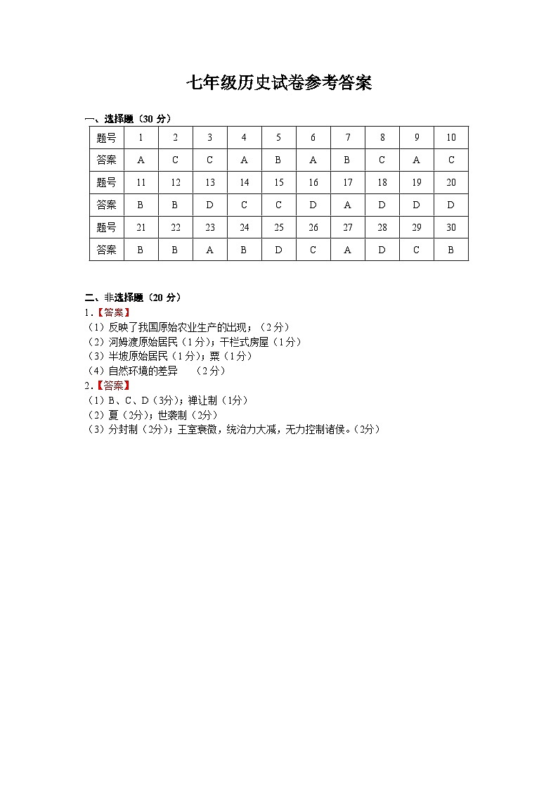 七年级历史参考答案第1页