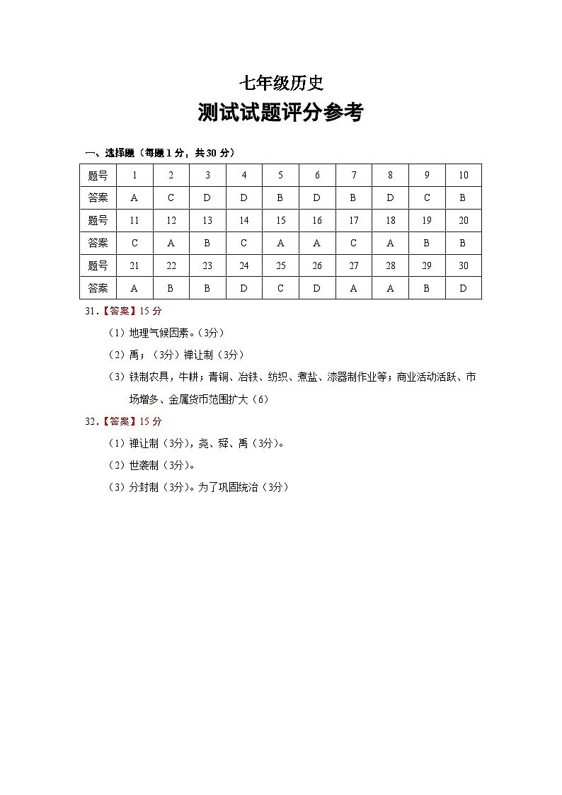 七年级历史答案第1页