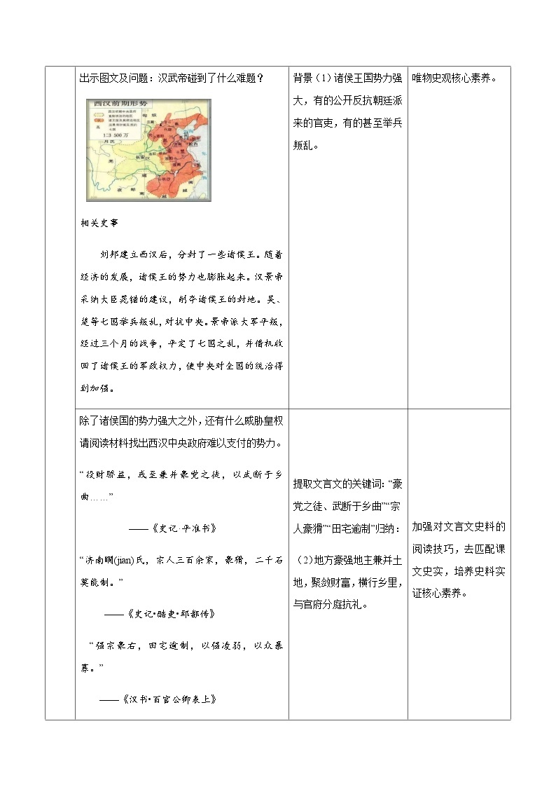 第12课汉武帝巩固大一统王朝  教学设计（表格式）2023--2024学年度秋季学期七年级上册历史03