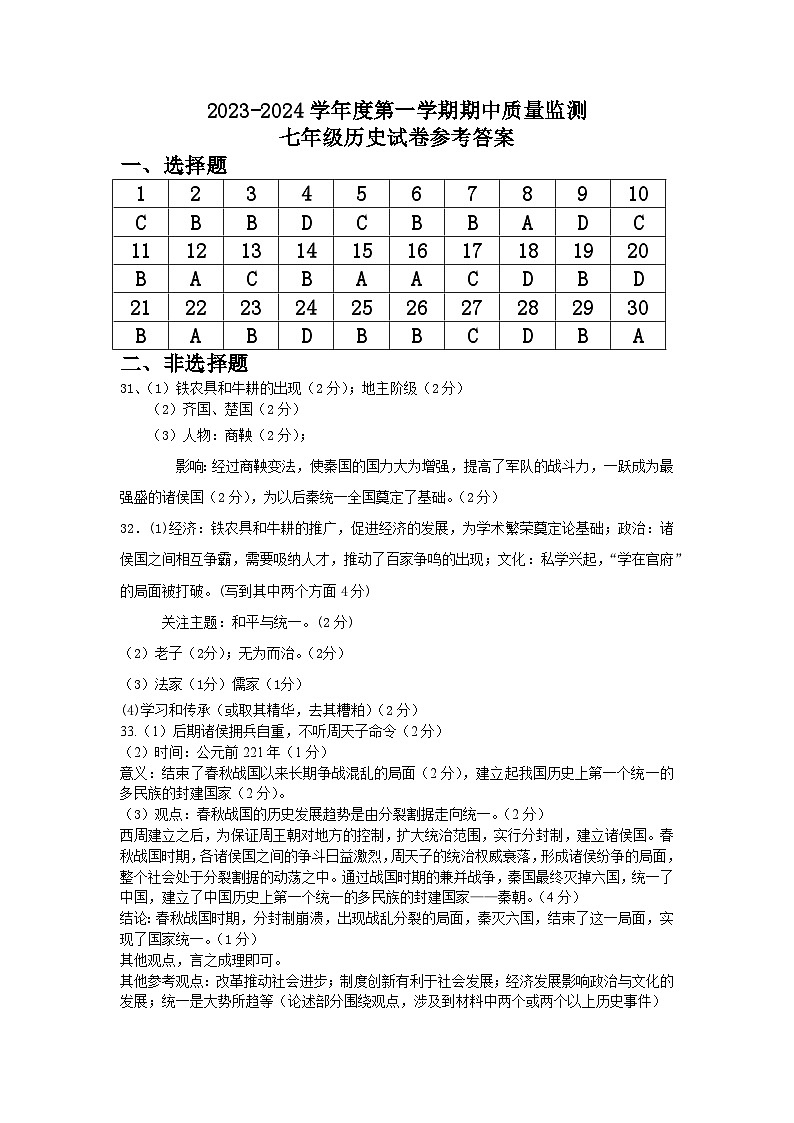 广东省茂名市愉园中学等校2023-2024学年七年级上学期期中考试历史试题(含答案)01
