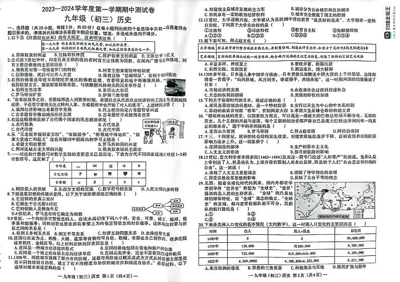 江西省南昌市2023-2024学年九年级上学期期中测试历史试卷01