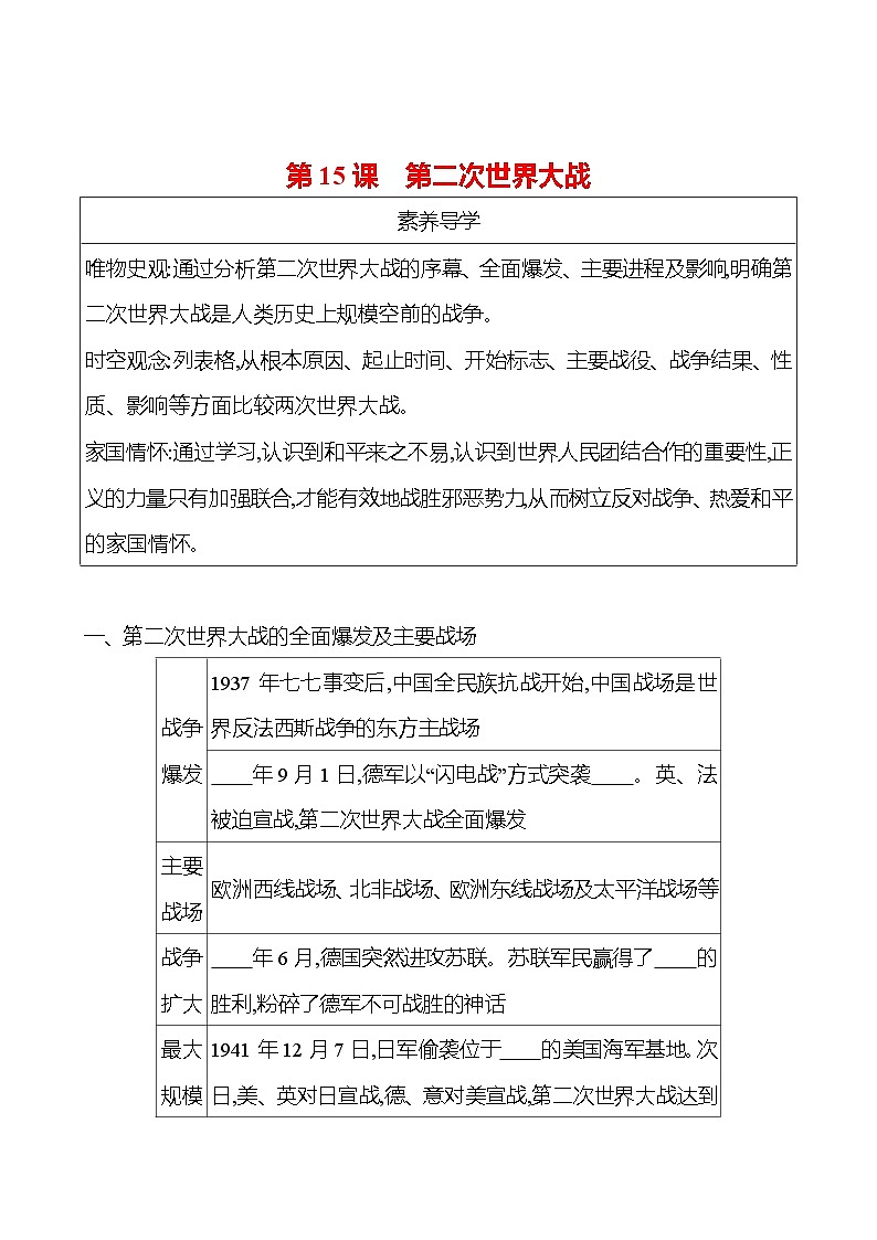 九年级下册 第四单元 第15课 第二次世界大战 导学案 2023-2024学年 初中历史01