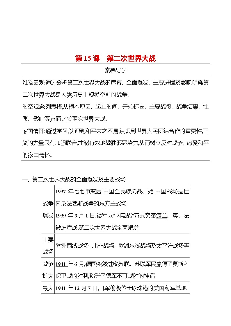 九年级下册 第四单元 第15课 第二次世界大战 导学案 2023-2024学年 初中历史01